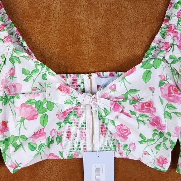 HILL HOUSE Womens Top Medium White Floral Crop Smocked THE ISABELLA Pink Roses - Picture 3 of 9